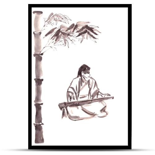 chinese girl musician in chinese costume playing guqin under the bamboo tree, ink drawing in chinese style. High quality illustration