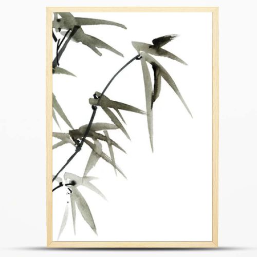 Watercolor illustration of bamboo with leaves on white background. Oriental traditional painting, sumi-e.