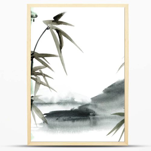 Chinese landscape with bamboo and mountains. Oriental traditional painting in style sumi-e, gohua and u-sin. Watercolor and ink illustration on white background.