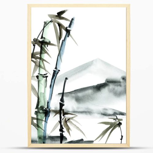 Chinese landscape with bamboo and mountains. Oriental traditional painting in style sumi-e, gohua and u-sin. Watercolor and ink illustration on white background.