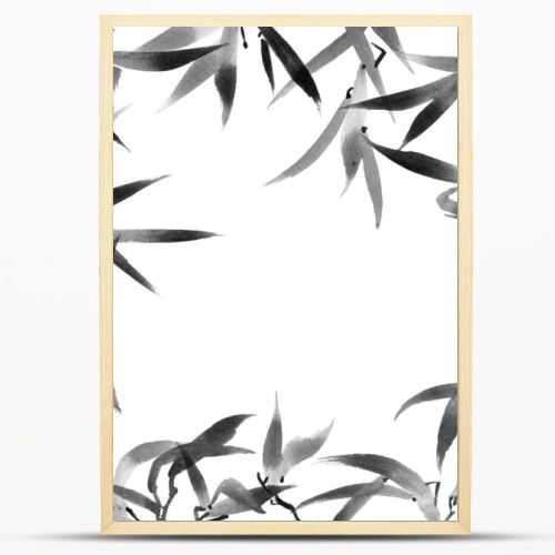 Watercolor illustration of bamboo leaves on white background. Oriental traditional painting, sumi-e. Square frame.