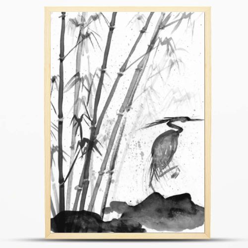 illustration of watercolor heron and bamboo