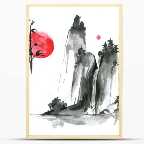 sumi-e elements: landskype, sun, bamboo