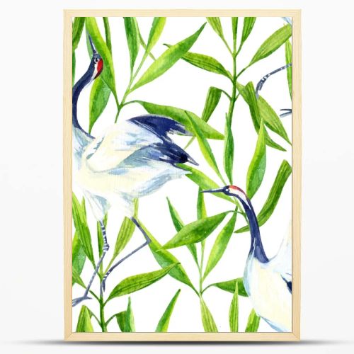 Watercolor asian crane bird seamless pattern