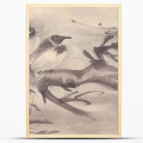 Birds on a tree autumn landscape ink painting