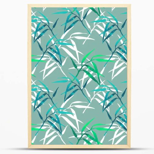  floral seamless pattern with bamboo branch on green background