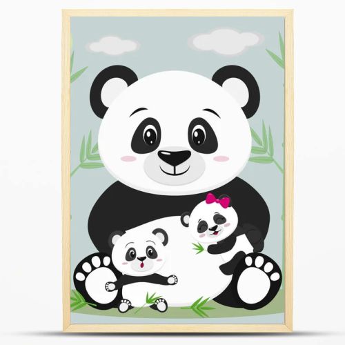 A sweet panda sits and holds a child with a bow, next to it sits another baby, he is surprised. Against the backdrop of bamboo trees, clouds and sun.