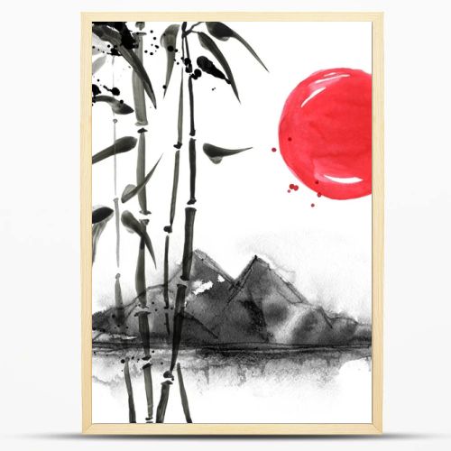 Bamboo in Japanese style. Watercolor hand painting illustration