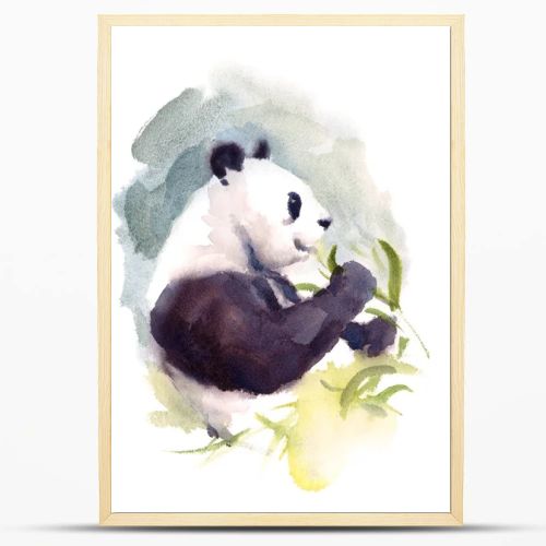 Watercolor Panda Eating Bamboo Animal Illustration Hand Drawn Wildlife