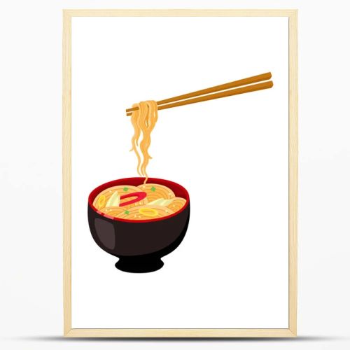 vector flat asian udon noodles in pot with sticks