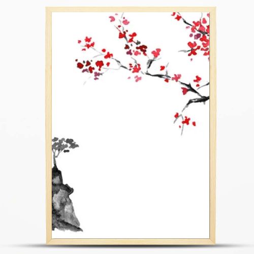 Japan traditional sumi-e painting. Indian ink illustration. Japanese picture. Sakura and mountains