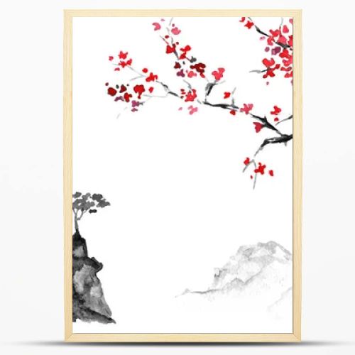 Japan traditional sumi-e painting. Indian ink illustration. Japanese picture. Sakura and mountains