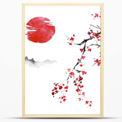 Japan traditional sumi-e painting. Indian ink illustration. Japanese picture. Sakura, sun and mountain