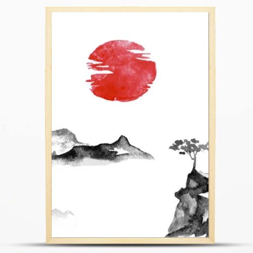 Japan traditional sumi-e painting. Indian ink illustration. Japanese picture. Sun and mountains