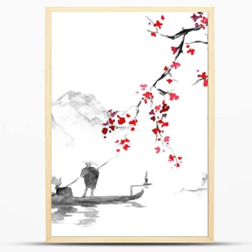 Japan traditional sumi-e painting. Indian ink illustration. Japanese picture. Man, boat, sakura, mountains