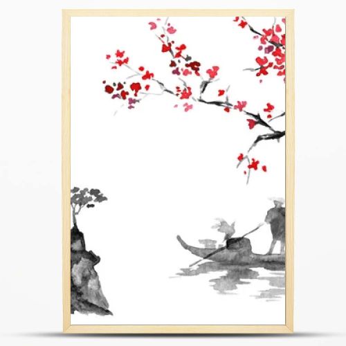 Japan traditional sumi-e painting. Indian ink illustration. Man and boat. Sunset, dusk. Japanese picture.