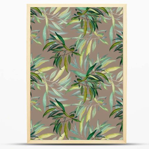 Watercolor seamless pattern with willow leaves. Beautiful art print. Fabric texture background. 