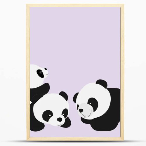 Panda cub is climbing on the mother back and father back isolated on soft purple background.