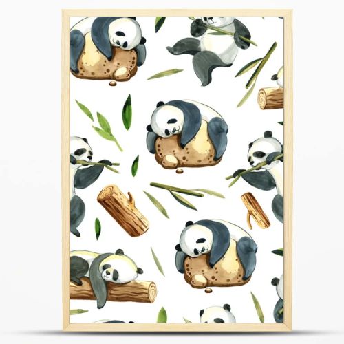 Watercolor seamless pattern of different panda and leaves