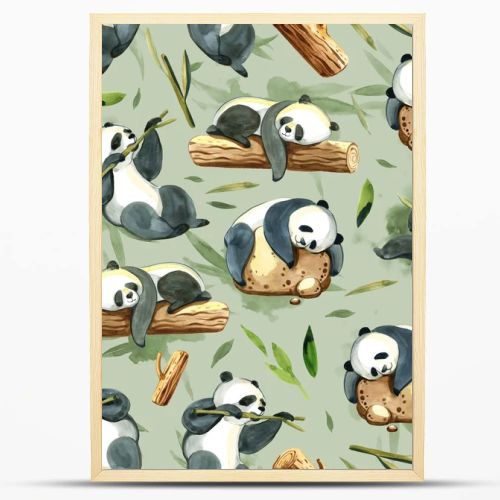 Watercolor seamless pattern of different panda and leaves
