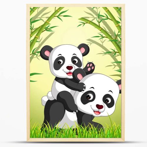 two cute panda in a bamboo forest