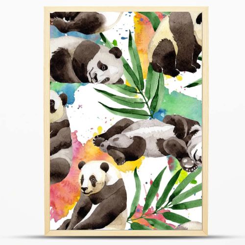 Tropical mix bamboo tree and panda pattern in a watercolor style.