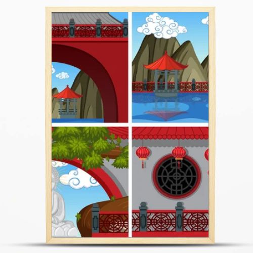 Four scenes of chinese temple with red walls