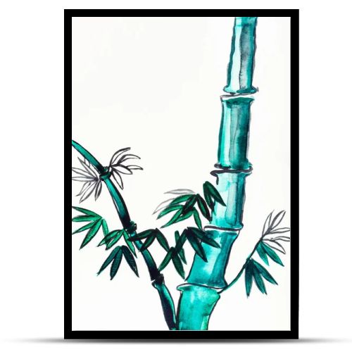 hand painting in sumi-e style on cream paper - bamboo trunk drawn by green watercolors