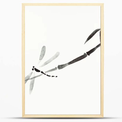 training drawing in sumi-e (suibokuga) style with watercolor paints - dragonflies and reed are hand drawn on creamy paper