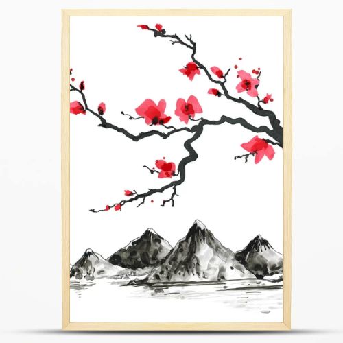 Mountains in Japanese style. Watercolor hand painting illustration