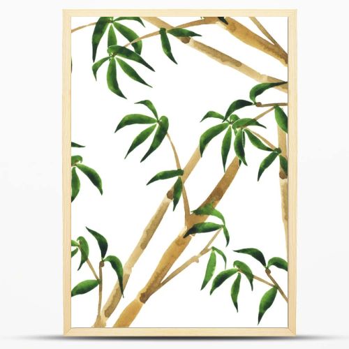 Bamboo tree and leaves background. Hand drawn watercolor illustration. 