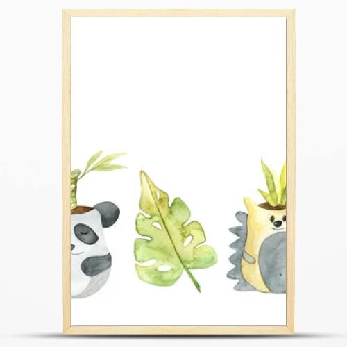 Watercolor border with cute pots. Cute illustrations of animals. Perfect for office, design and decor of children's rooms, products for children.