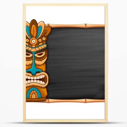 Tiki tribal wooden mask, tropical exotic plants and bamboo frame with space for your text. Hawaiian traditional elements, totem symbol. Isolated on white background. Vector illustration.