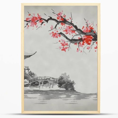 Japan traditional sumi-e painting. Fuji mountain, sakura, sunset. Japan sun. Indian ink illustration. Japanese picture.