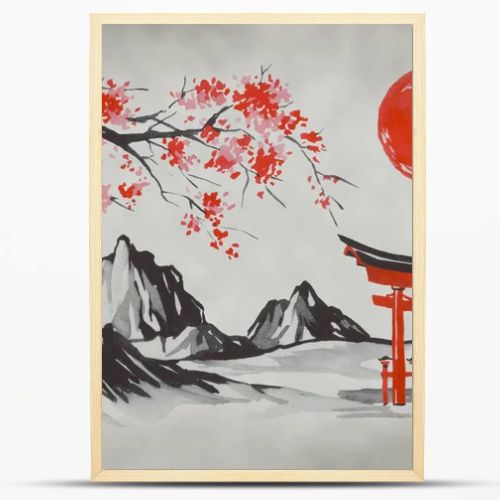 Japan traditional sumi-e painting. Fuji mountain, sakura, sunset. Japan sun. Indian ink illustration. Japanese picture.