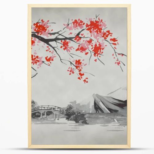 Japan traditional sumi-e painting. Fuji mountain, sakura, sunset. Japan sun. Indian ink illustration. Japanese picture.