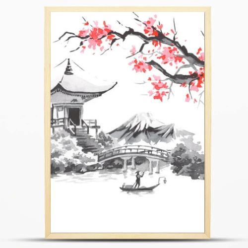 Japan traditional sumi-e painting. Fuji mountain, sakura, sunset. Japan sun. Indian ink illustration. Japanese picture.