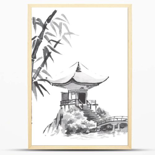 Japan traditional sumi-e painting. Fuji mountain, sakura, sunset. Japan sun. Indian ink illustration. Japanese picture.