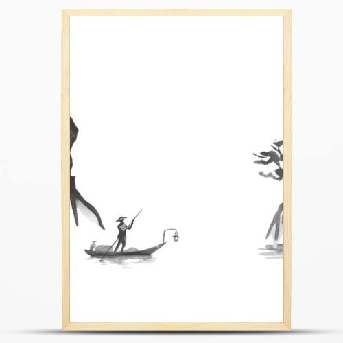 Japan traditional sumi-e painting. Fuji mountain, sakura, sunset. Japan sun. Indian ink illustration. Japanese picture.