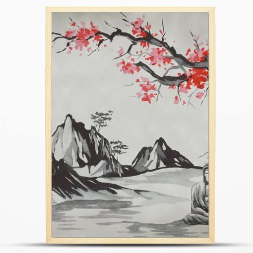 Japan traditional sumi-e painting. Watercolor and ink illustration in style sumi-e, u-sin. Fuji mountain, sakura, sunset. Japan sun. Indian ink illustration. Japanese picture.