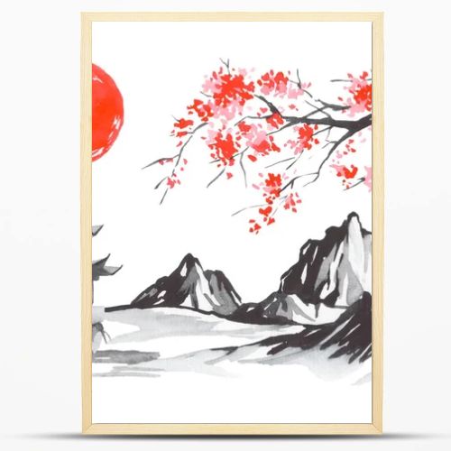 Japan traditional sumi-e painting. Fuji mountain, sakura, sunset. Japan sun. Indian ink illustration. Japanese picture.