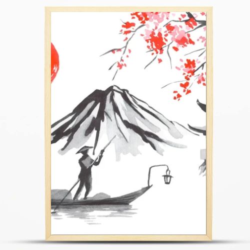 Japan traditional sumi-e painting. Fuji mountain, sakura, sunset. Japan sun. Indian ink illustration. Japanese picture.