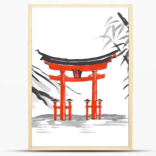 Japan traditional sumi-e painting. Fuji mountain, sakura, sunset. Japan sun. Indian ink illustration. Japanese picture.