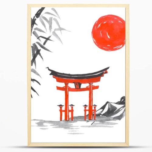 Japan traditional sumi-e painting. Fuji mountain, sakura, sunset. Japan sun. Indian ink illustration. Japanese picture.