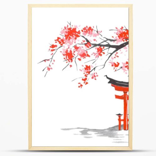 Japan traditional sumi-e painting. Fuji mountain, sakura, sunset. Japan sun. Indian ink illustration. Japanese picture.