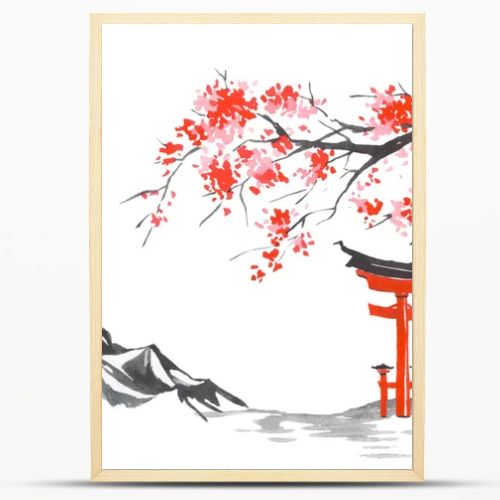 Japan traditional sumi-e painting. Fuji mountain, sakura, sunset. Japan sun. Indian ink illustration. Japanese picture.