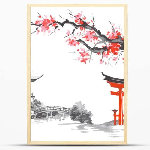 Japan traditional sumi-e painting. Fuji mountain, sakura, sunset. Japan sun. Indian ink illustration. Japanese picture.