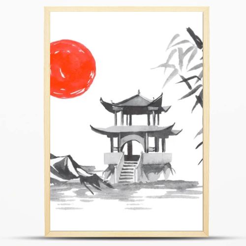 Japan traditional sumi-e painting. Fuji mountain, sakura, sunset. Japan sun. Indian ink illustration. Japanese picture.