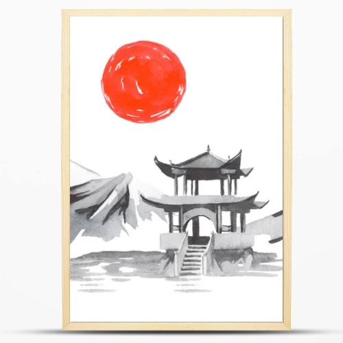 Japan traditional sumi-e painting. Fuji mountain, sakura, sunset. Japan sun. Indian ink illustration. Japanese picture.