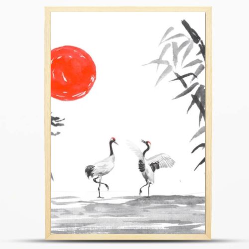 Japan traditional sumi-e painting. Fuji mountain, sakura, sunset. Japan sun. Indian ink illustration. Japanese picture.